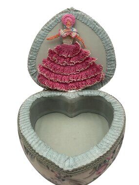 Heart-Shaped Floral Fabric Jewelry Box With Crocheted Lady Pink & Mint Green 7"